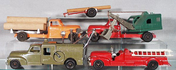 4 HUBLEY KIDDIE TOY 1954 FORD TRUCKS: die cast, 469 Log Truck, surface oxidation on cab, Power Shovel Truck, 484 Telephone Truck, w/tools & trailer, 468 Hook & Ladder, C4-8.