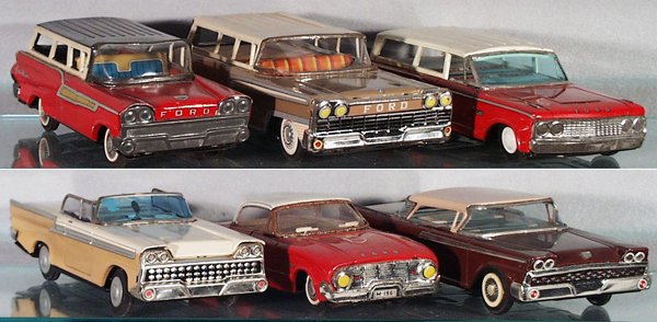 6 TIN FORD AUTOS: Japan, friction working, 9 in to 10 1/2 in long, 1 has loose wheel, 1 has a rusty windshield frame & is missing a hub cap, 1 orig box only, box worn, C5-7.