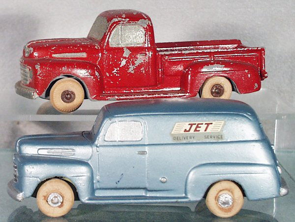 2 NATIONAL PRODUCTS FORD TRUCK PROMOS: slush die cast, white rubber tires worn, 1949 Pick Up, oxidation on axles, paint chipped, 6 3/4 in long, C2; Jet Delivery Panel Truck, oxidation on axles, decals have minor wear, 6 3/4 in long, C6.