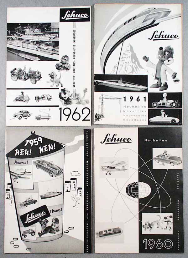 4 SCHUCO NEW NOVELTIES CATALOGS: 1959, 24 pages w/prices; 1960, 20 pages; 1962, 20 pages; 1961, 24 pages w/prices, black & white, clean w/minor edgewear, C6-7.