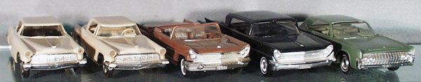 5 AMT LINCOLN CONTINENTAL PROMOS: plastic, 3 have tin bases, 2 cream colored ones undated, others are 1959, 1960 & 1962, 3 are friction, not working, some oxidation on axles, 1 cream one has a cracked hood, C2-4.