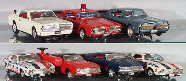 7 TIN FORD AUTOS: Japan, litho tin, 3 Cougars, battery operated, not working; 4 Mustangs, battery operated, 3 working, 10 in long, C5-8.