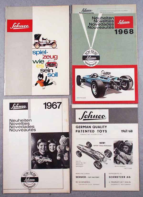 4 SCHUCO NEW NOVELTIES CATALOGS: 1966, 38 pages; 1967, 16 pages; 1967/68, 12 pages; 1968, 8 pages, 1969 price list, clean & crisp, some minor edgewear, C6-7.