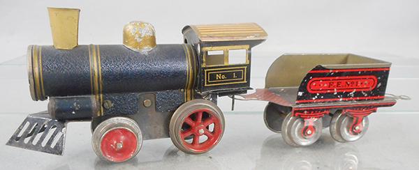 IVES NO. 1 LOCO & TENDER: O ga, tin loco w/tan & yellow roof, yellow smokestack, windup working, gold steam dome worn, FE No. 1 tender, loop coupler & red crosshatching on tender floor, litho flaking on tender, ca 1905-07, C5-