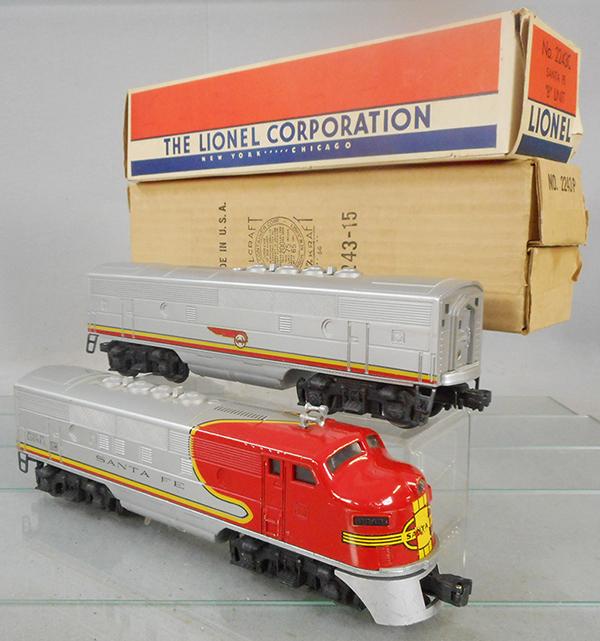 LIONEL 2243 SANTA FE AB DIESELS: O ga, power A unit has scratches on 1 side, minor nose decal wear, 2343C dummy unit, orig boxes & 1 insert, C7-8.