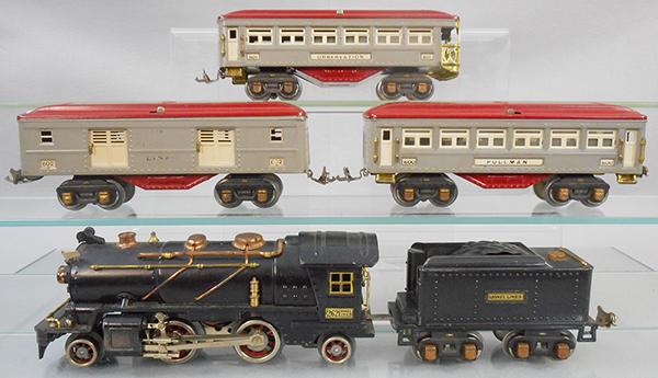 LIONEL TRAIN SET: O ga, 262 loco, 262T tender, 602 baggage, lettering worn, 600 Pullman, 601 obsv, cars are gray w/ivory window & vermilion roofs, C5-6.