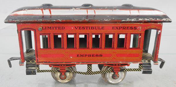 IVES 61 EMPRESS COACH: O ga, handpainted & litho tin, red w/gold trim, ca 1903, C7.