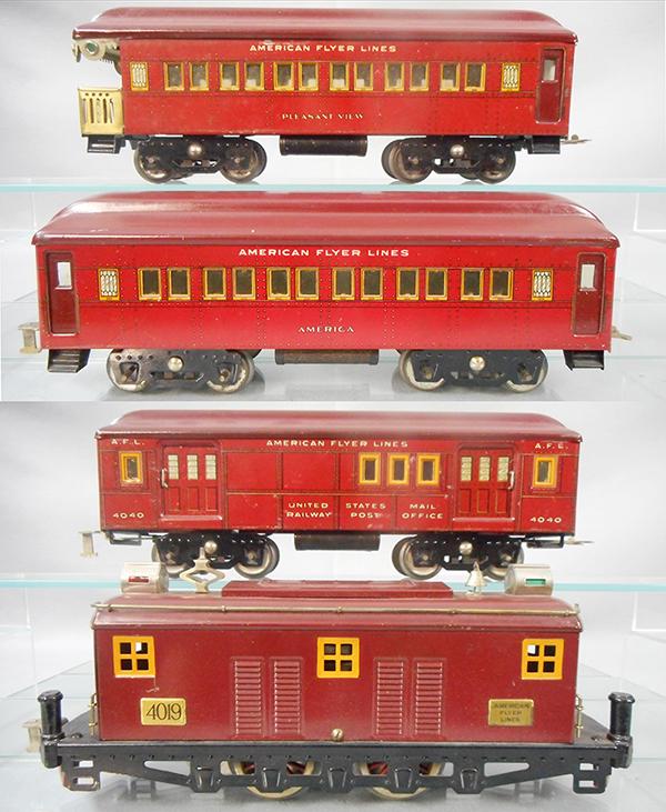 AMERICAN FLYER 1433 ALL AMERICAN LIMITED SET: std ga, 4019 loco, 4040 baggage, some scuff marks where mail pick up has been used, 4041 America Pullman, 4042 Pleasant View obsv, set is maroon w/litho tin sides, cars have sprung doors, w/mail bag s