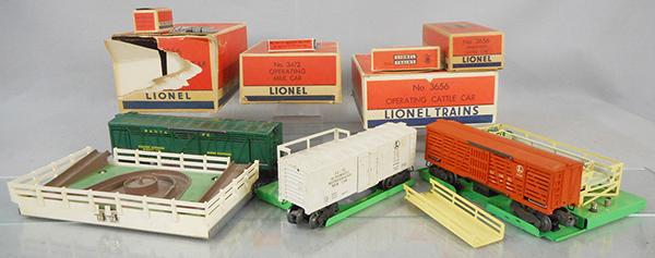 3 LIONEL ACCESSORIES: O ga, 3356 operating horse corral, 3472 operating milk car, 3656 operating cattle car, orig boxes & inserts minor wear, 1 is worn, C7-9.