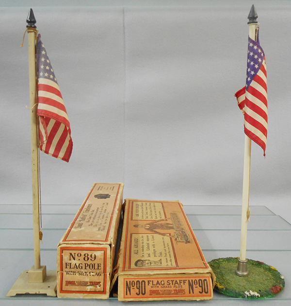 2 LIONEL FLAG POLES: std ga, 89 flag pole, 90 flag pole, orig boxes worn, C7-8.