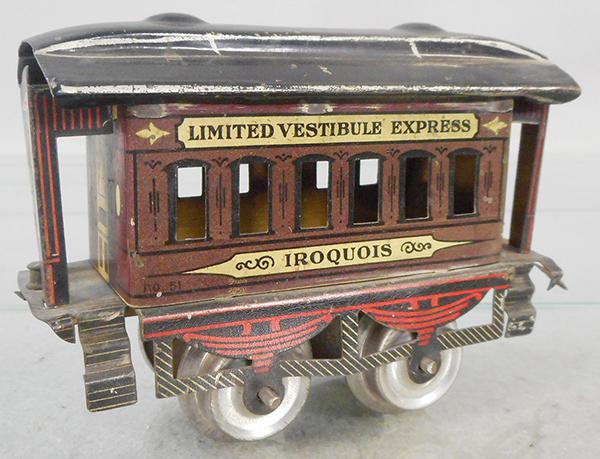 IVES 51 IROQUOIS COACH: O ga, handpainted & litho tin, dark brown, missing 1 coupler, ca 1904, C7-8.