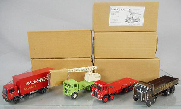 4 WHITE METAL TRUCKS: AO Smith Leyland Royal Mail, Leyland British Road Service Octopus, trim loose, Scammell Whitbread, Hart AEC w/Coles Crane, 6 to 7 in, orig boxes, C7-9.