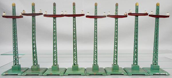 LIONEL 60 TELEGRAPH POLES: std ga, peacock, 5 bases have flaking paint, C6-7.