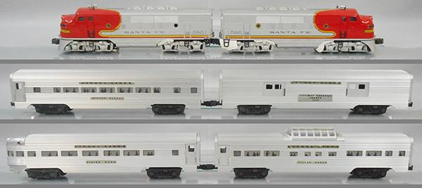 LIONEL 2234W FOUR-CAR SUPER SPEEDLINER SET: O ga, 2353P, 2353T Santa Fe diesel AA, minor nose decal wear, missing 1 porthole lens, 2530 baggage, 2533 Silver Cloud Pullman, 2532 Silver Range vista dome, 2531 Silver Dawn obsv, w/paper work, orig 