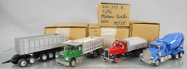 4 AO SMITH US TRUCKS: Trailer Dump, Mack Dump, KW Dump, KW Mixer, 6 to 7 in long, orig boxes minor wear, C8-9.