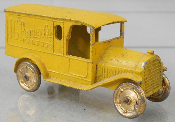 TOOTSIETOY 4630 JC PENNEY CO VAN: yellow, both front fender tips chipped off, C7.