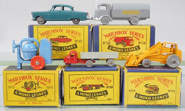 5 MATCHBOX MOKOS: 33A3, 38A2, minor decal chip, 3A1, 10A1, minor paint wear on cab, 24A1, orig boxes minor wear, C7-8.