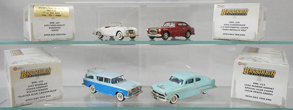 4 BROOKLIN AUTOS: BRK-125 1953 Nash Healey, BRK-128 1952 Cunningham, BRK-113 1954 Hudson Hornet, BRK-142 1957 Rambler, orig boxes & inserts, C9.