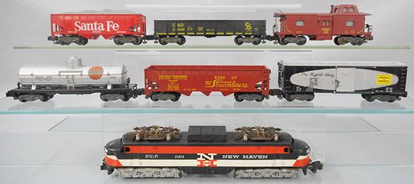 AMERICAN FLYER TRAIN SET: S ga, 21573 New Haven EP5, oxidation on pantagraphs & chassis, 24309 Gulf Tank, 24216 UP hopper, 24026 Central of Georgia, 24225 Santa Fe hopper, 24109 gondola, 24619 caboose, C7-8.
