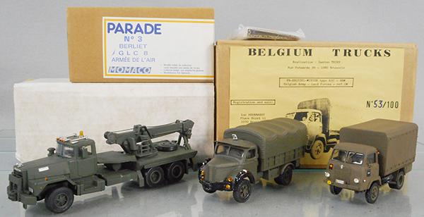 3 WHITE METAL ARMY TRUCKS: AO Smith Mack Recovery Tractor, Belgian Supply Truck, resin w/wood plinth, Parade #3 Berliet Truck, #53 of 100, 5 to 7 1/2 in long, orig boxes, C8-9.