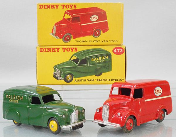2 DINKY VEHICLES: 472 Austin Raleigh Cycles, green w/yellow hubs, 450 Trojan Esso Van, red, orig boxes minor wear, C8-9.