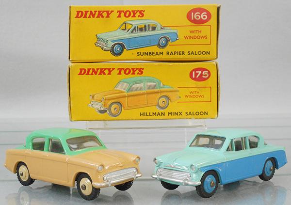 2 DINKY AUTOS: 175 Hillman Minx, green & tan w/cream hubs, 166 Sunbeam Rapier, turquoise & blue w/blue hubs, orig boxes, C8-9.
