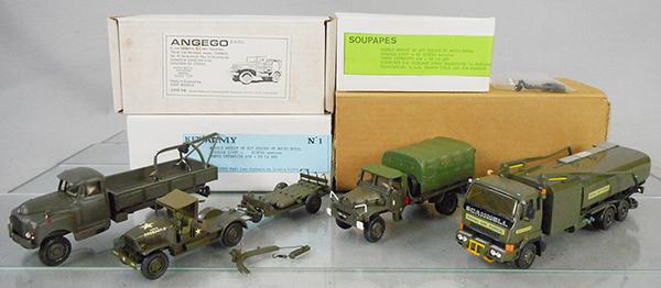 4 WHITE METAL ARMY VEHICLES: AO Smith Scammell Tank Truck, Citroen T-46 Wrecker, winch bent, Angego Chevrolet Bomb Truck & Trailer, some loose parts, Soupapes Citroen Army Truck, 4 to 9 in long, orig boxes, C6-8.