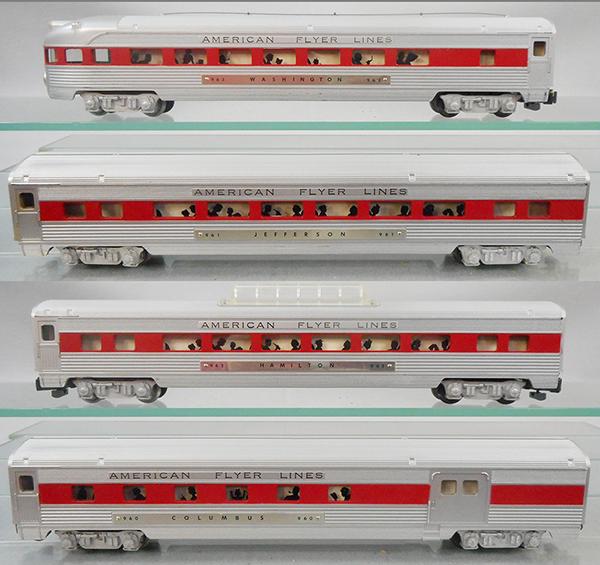 4 AMERICAN FLYER PASSENGER CARS: S ga, 960R Columbus, 961R Jefferson, 962 Hamilton, 963 Washington, cars are satin silver w/red stripes, orig boxes worn, have legible numbers on ends, C7-8.