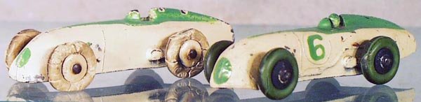 2 DINKY 23A MG RACERS: both English issues, 1st version has cracked tires, #6 Racer has repaired front end, w/green tires, C5.