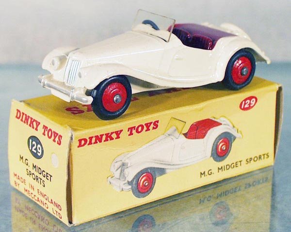 DINKY 129 MG MIDGET: white, orig box minor wear, C8.