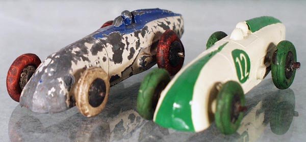 2 DINKY 23A MG RACERS: French issue is heavily chipped & has 1 replaced tire, English issue is restored, w/orig tires & rims, tires are cracking, minor body warp, C2-8.