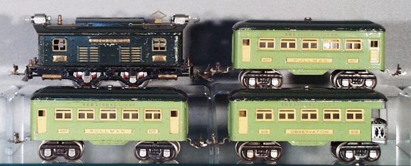 LIONEL TRAIN SET: O ga, 253 Loco, green, rewheeled, 2 #607 Pullmans, 608 obsv, in Stephen Girard colors, C4-5.