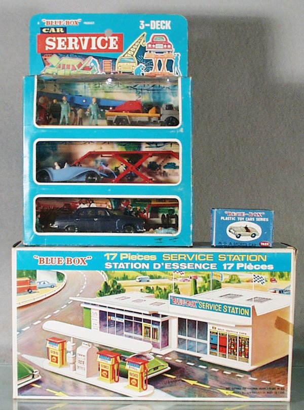 3 BLUE BOX MATCHBOX COPY VEHICLES: 77435 3-Deck Service Set, 7422 MGA, white, 77031 17-piece Service Station Set, all are plastic, appear unplayed with, orig boxes minor wear, C9-10.