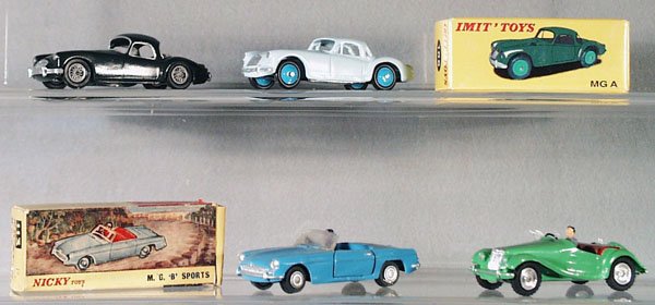 4 TEKNO & DINKY COPY CARS: copy of Tekno #500 MGA; Imit Toys copy of Dinky 106 MG, orig box; Nicky Toy copy of Dinky 113 MGB, orig box; copy of Dinky 102 MG Midget, C7-9.