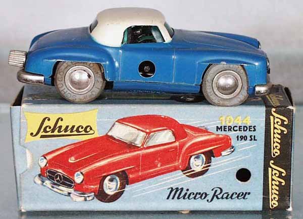 SCHUCO 1044 MICRO RACER MERCEDES 190SL: windup working, blue, some paint chips, orig box minor wear, C7.