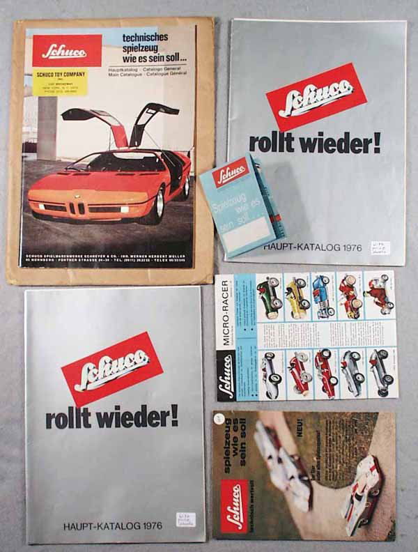 6 SCHUCO CATALOGS: 1973, 58 pages w/shipping envelope; 2 from 1976, 48 pages w/prices; 4-page folder; Micro Racer folder, 8-page folder, clean & crisp, C7-9.