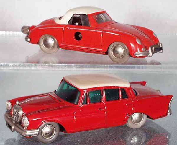 2 SCHUCO MICRO RACERS: 1047 Porsche, 1038 Mercedes, both are red & white, windups working, C7-8.