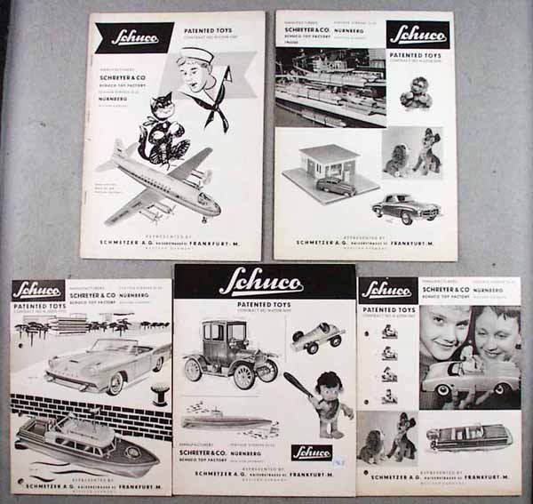 5 SCHUCO NEW NOVELTIES CATALOGS: 1960, w/binder holes, 16 pages; 1962/63, 12 pages; 1963, 10 pages; 1963, w/binder holes, 16 pages, some graffiti; 1963, 12 pages, mostly clean & crisp, some minor edgewear, C6-7.