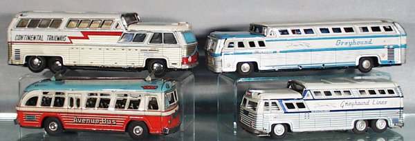 4 JAPANESE TIN BUSES: Continental Trailways, friction works slightly, 11 in long; Greyhound Bus, friction not working, 12 in long; Avenue Bus, friction not working, some light oxidation on 1 roof corner, 9 in long; Greyhou