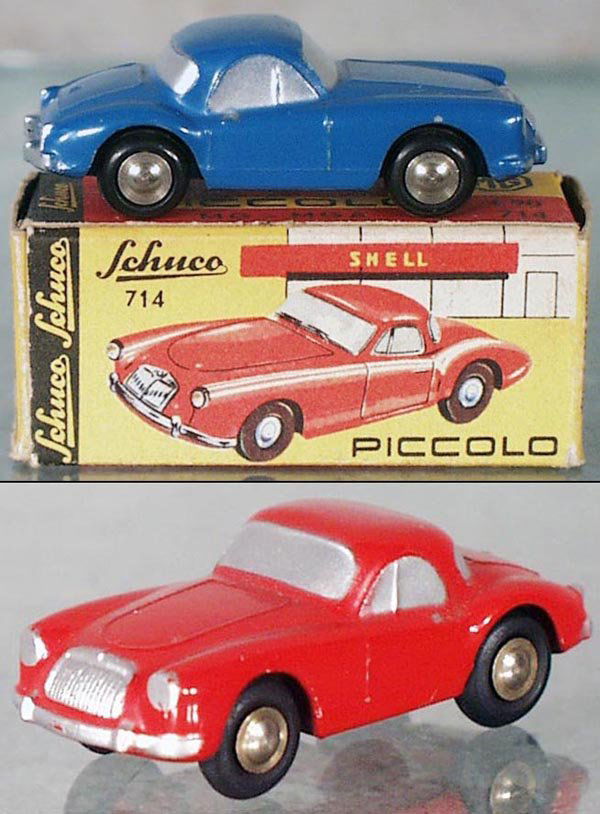 2 SCHUCO 714 MGA PICCOLOS: 1 blue, 1 red, orig issues, 1 orig box only, minor wear, C8-9.