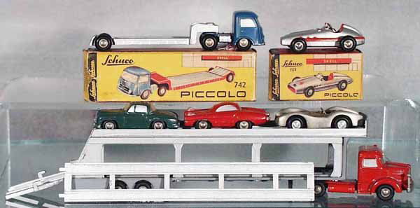 6 SCHUCO PICCOLOS: 742 Mercedes Flat, orig box, 703 Mercedes Racer, orig box, 717 Mercedes, 711 FX-Atmos, 702 Mercedes, pewter, 761 Krupp Auto Transport, C5-8.