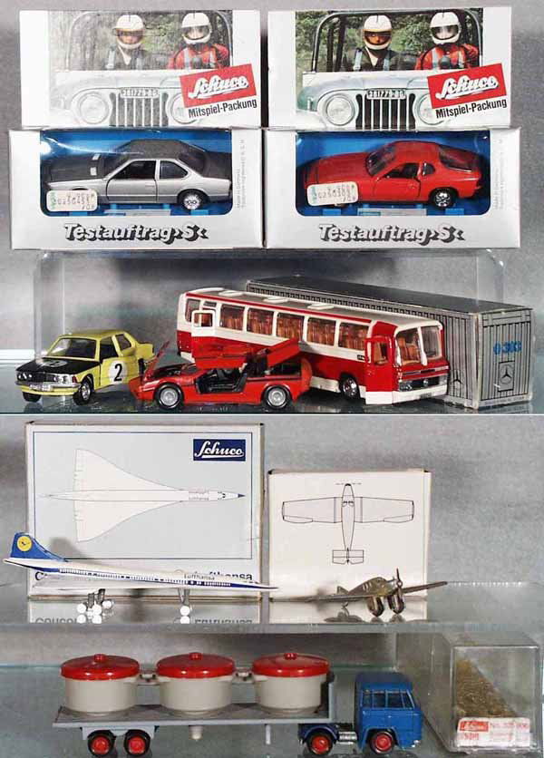8 SCHUCO MODELLS: 26-1629 BMW, 26-1628 Porsche, 317916 Mercedes, 301626 BMW, 301613 BMW, 325906 Cement Truck, 78415 Concorde, 335779 Junkers, w/6 orig boxes only, C5-9.