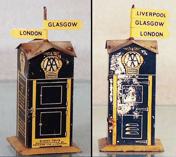 DINKY 44A AA AUTOMOBILE CALL BOX: litho tin, 3 directional signs, roof & 1 side have faded litho, C5.