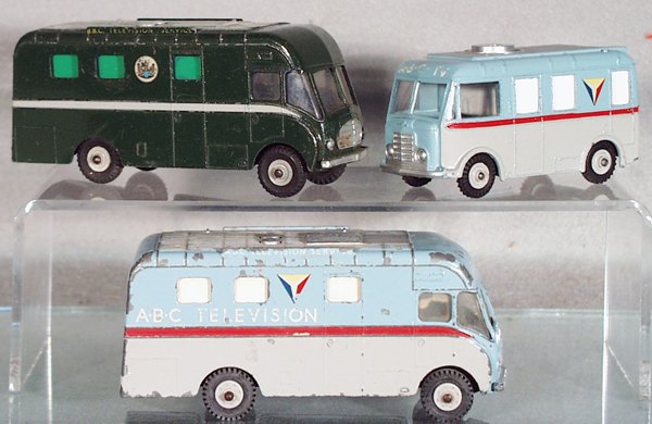 3 DINKY VEHICLES: 967 TV Mobile Control Room; 988 TV Transmitter, missing antenna disk, C4; 987 TV Mobile Control Room, heavy playwear, C2.