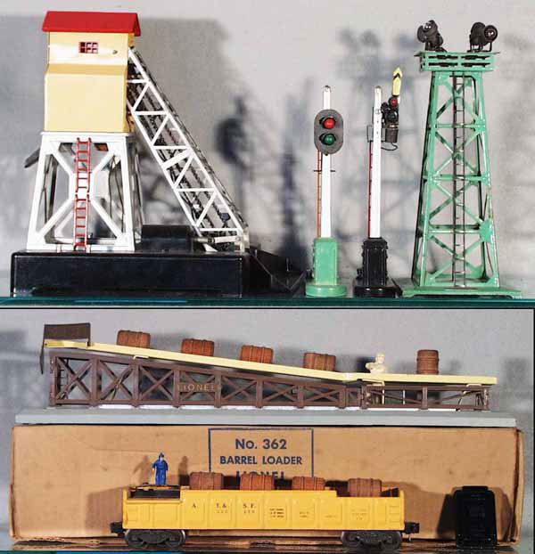 6 LIONEL ACCESSORIES: O ga, 97 Coal Elevator; 153 Block Signal; 151 Semaphore; 395 Floodlight Tower, layout paint on base; 362 Barrel Loader, orig box, 3562-50 Barrel Car, C4-7.