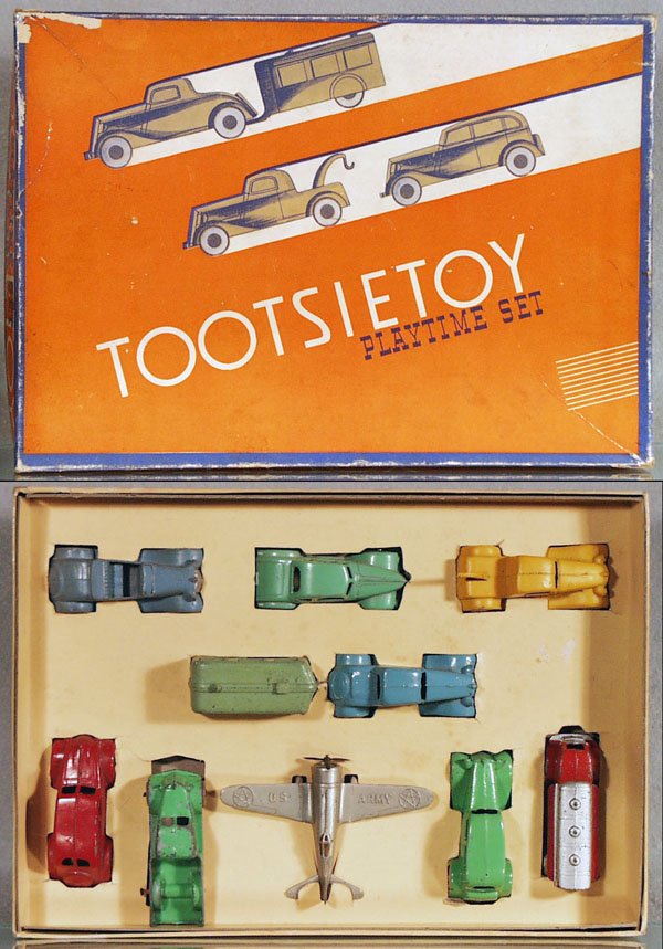 TOOTSIETOY 5150 PLAYTIME SET: contains 116 Ford Roadster, 231 Chevy Coupe, 113 Ford Wrecker, missing tow hook, 112 Ford Coupe w/Trailer, 118 Airflow, 234 Box Truck, worn, 119 US Army Plane, 111 Wrecker, 120 Oil Truck, orig box & i