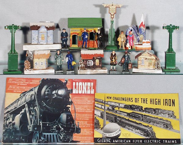 TRAIN ACCESSORIES: 3 Marx Signals, Chein Toy Town Station, 5 Japanese Christmas Village Buildings, 2 Barclay Figures, 7 Japanese Railroad Figures, Lionel 1937 Catalog, AF 1939 Catalog, C5-8.