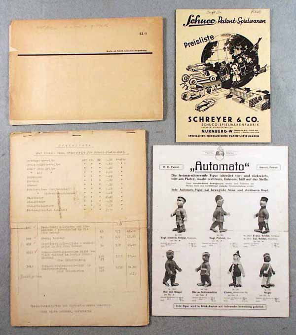 SCHUCO PREWAR CATALOGS: 1920 4-page catalog, 1939 embossed cover 4-page price list, 1937 price list, tears & wear, 1953 price list, worn, C4-7.