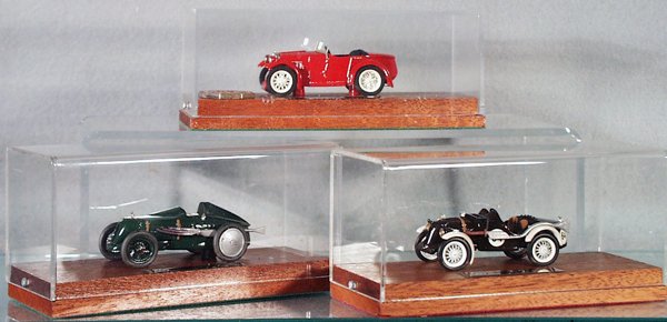 3 RAE MODELS MG AUTOS: die cast, black MG C-Type, red 1930 MG M-Type, green MG EX120, w/plexiglass cases, C9.