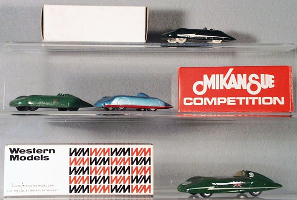 4 MG RACE CARS: die cast, Western Models #38 1939 MG EX135 Record Car, orig box & insert, C9-10; Mikansue 1959 MG EX181, paint chip on fairing behind driver's head, orig box & insert, C9; Dinky 23P MG Record Car, oxi